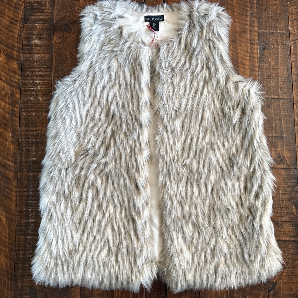 Cynthia Rowley Faux Fur Vest Women’s Large Beige Cream Open Front Boho Glam